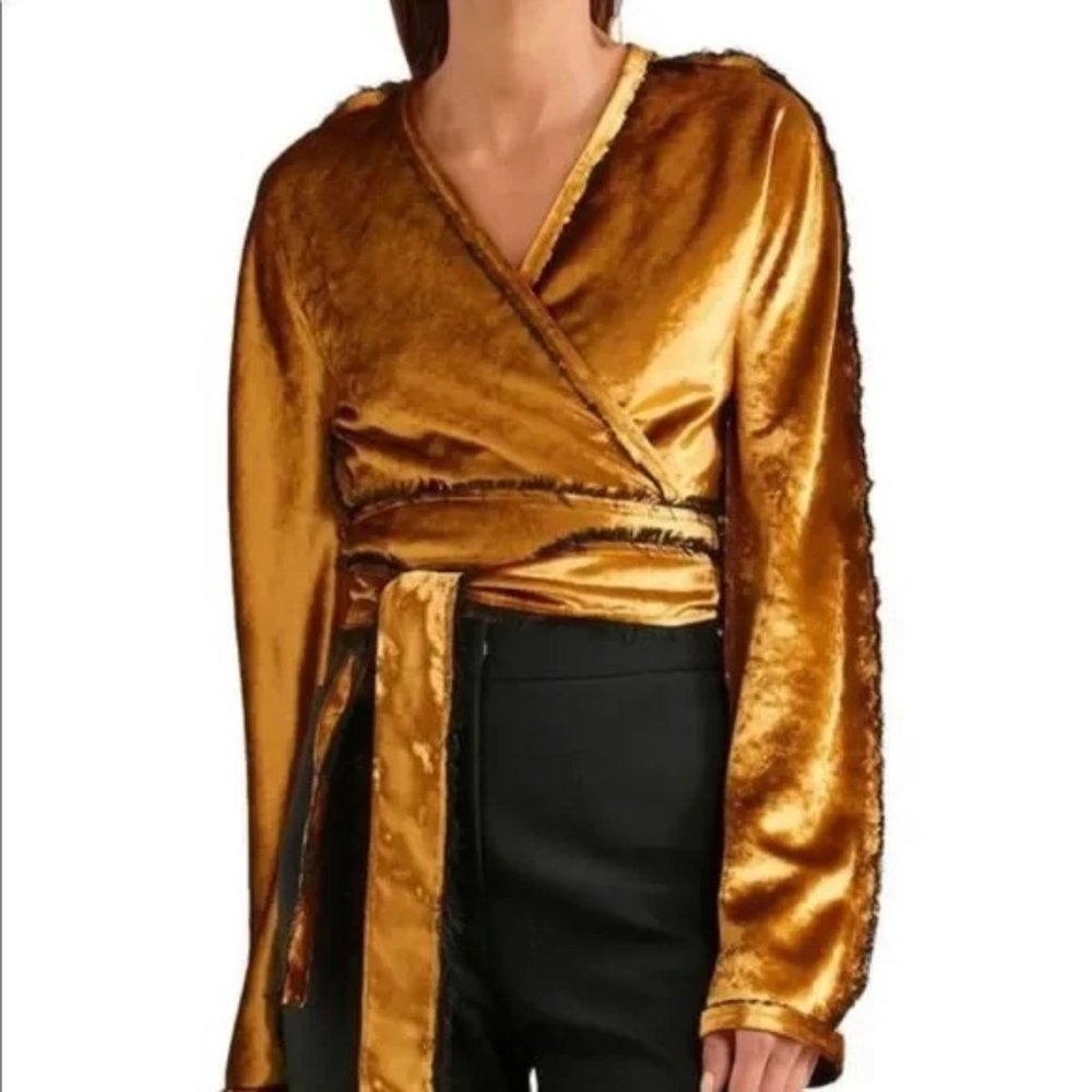 NWT $961 Sid Neigum Ocher Gold Velvet Wrap Blouse Top. Size US 12